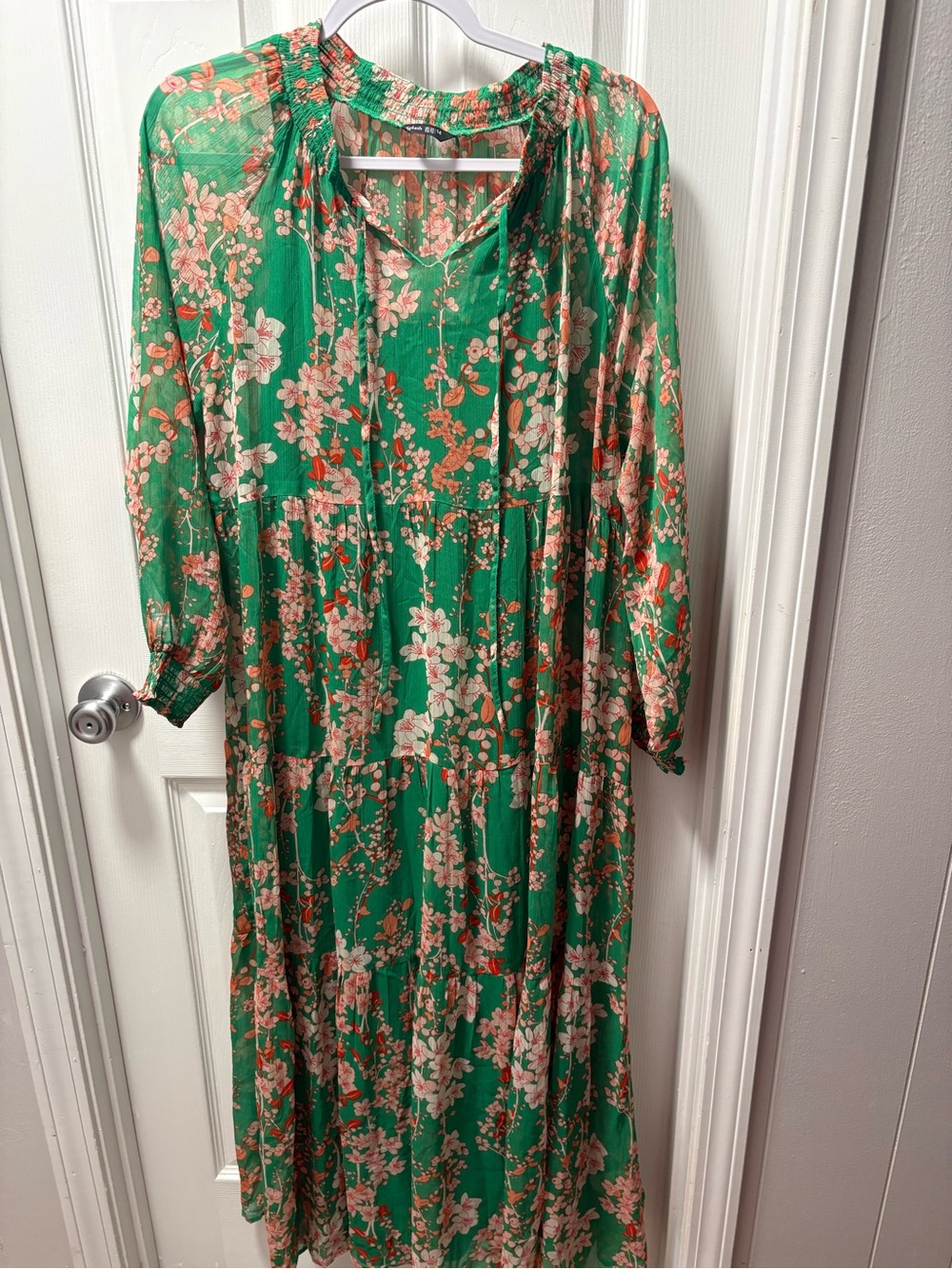 Splash Green Floral Tiered Maxi Dress with Peach Blooms